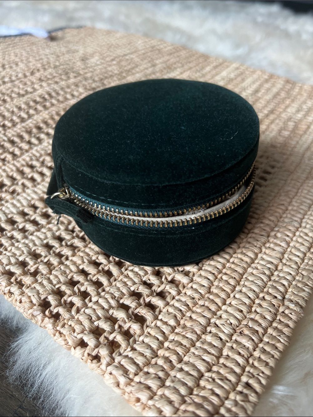 Sezane Velvet Round Jewelry Case - Dark Green with Gold Zipper